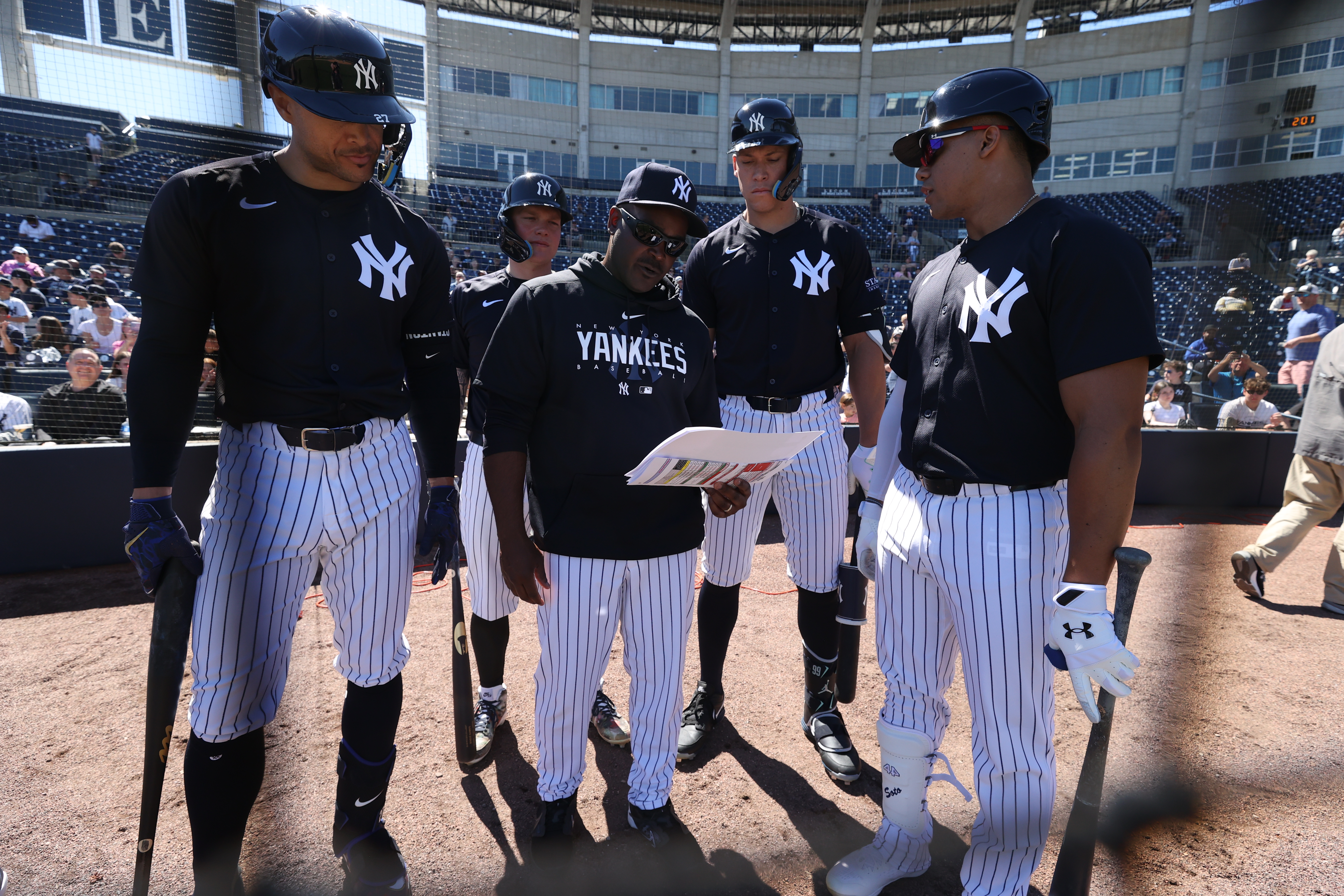 Since taking over as Yankees hitting coach, Rowson (center) has helped his charges prepare to face opposing pitchers by using what Judge (second from right) calls “a full team approach.” Instead of trying to craft nine individually tailored game plans, Rowson formulates a plan of attack that each hitter adheres to. In the first half of the season, that strategy led to first-inning runs about 40% of the time. (Photo Credit: New York Yankees)